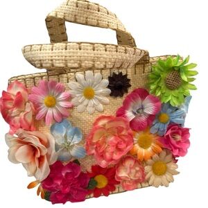 April Cornell Floral Embellished Straw Tote with Flowers 100% Straw Zip Pocket